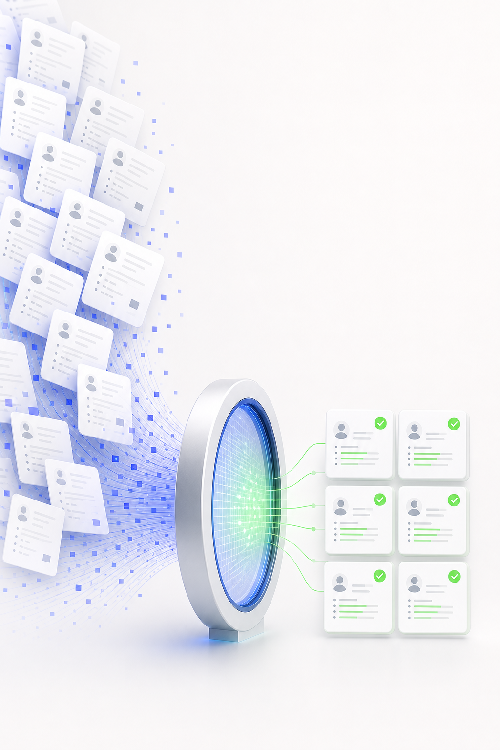 A wave of AI-generated resumes passing through an evidence filter into focus packets